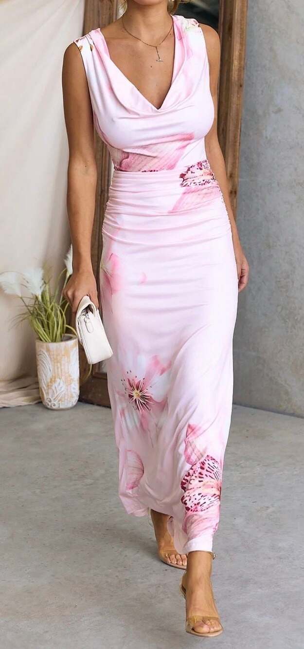One and Only‎ Collective Pink Floral Cowl Neck Ruched Maxi Dress-S